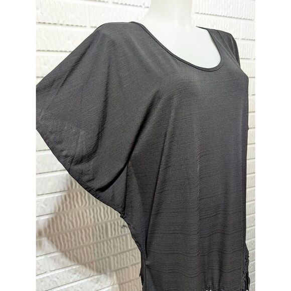 Dotti Women's Black Crew Neck Fringe Bottom Bat Sleeve Tunic Blouse Size Small - Picture 5 of 6